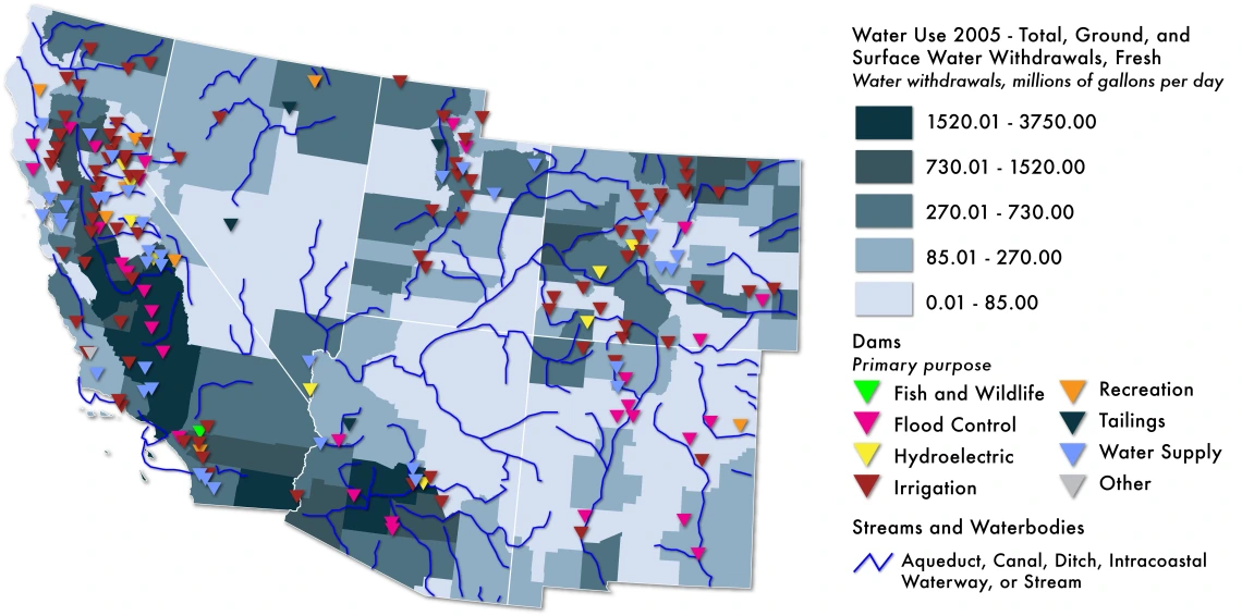 Many Southwest cities rely on water supplies from large-scale water storage and delivery structures, potentially vulnerable to climate change.